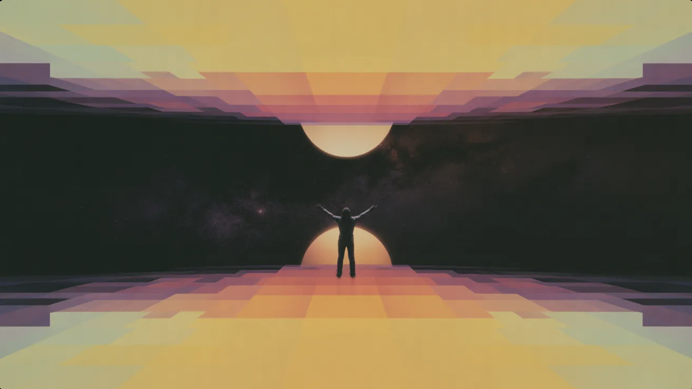 Figure stepping into a geometric portal of light